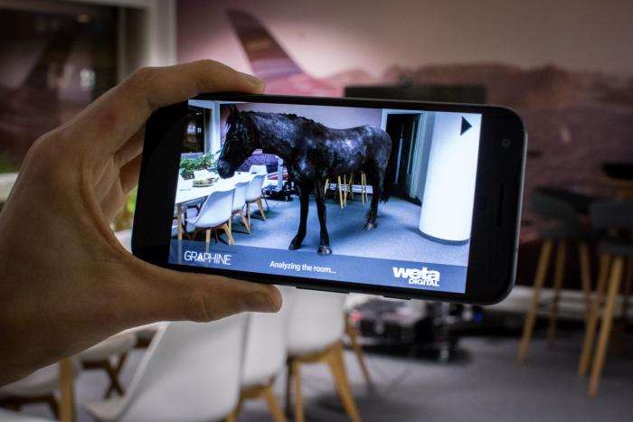 Augmented Reality AR Demo "AR Horse" being shown on Google Pixel phone
